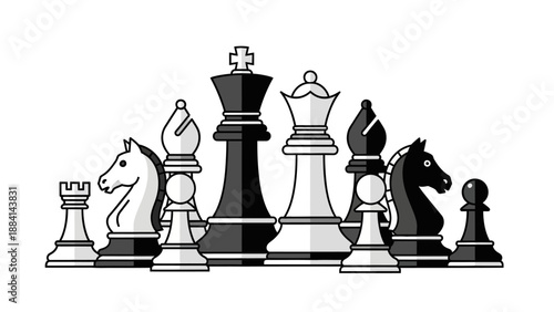 Black and white chess pieces illustration on white background