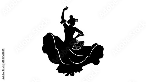 Silhouette of Flamenco Dancer with Traditional Dress and Fan