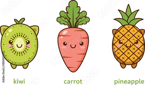 Cute Cartoon Fruit and Vegetable Characters Vector Set with Kiwi Carrot and Pineapple for Kids and Food Designs