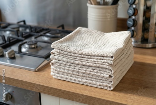 A stack of clean kitchen towels is placed on a wooden counter. The stove can be seen in the background, along with jars and utensils. The kitchen is bright and organized
