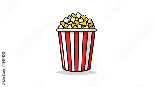 Cartoon popcorn bucket with red stripes on white background