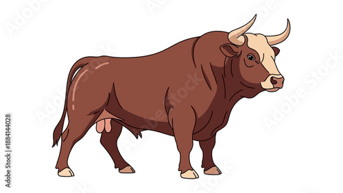 Illustration of a Strong Brown Bull with Prominent Horns