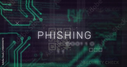 Animation of phishing text over motherboard and data processing