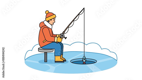 Person Ice Fishing on Frozen Lake in Winter Attire