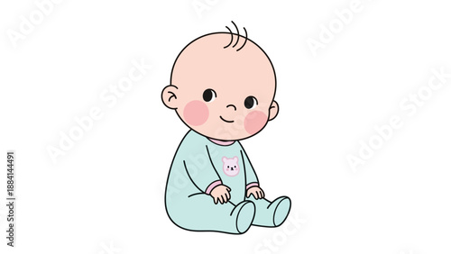 Cute cartoon baby sitting in pastel pajamas on white background