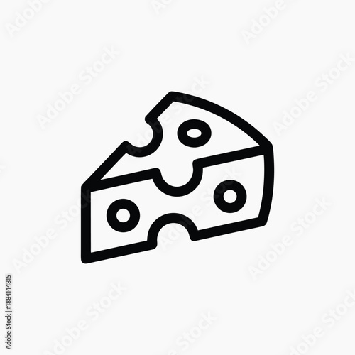 A simple black and white line drawing depicts a wedge of swiss cheese with characteristic holes presenting a minimalistic food illustration