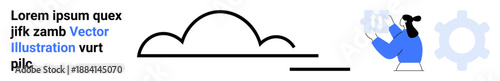 Technology, cloud computing, data analysis, workflow automation, business tools, innovation. Woman interacting with gears and icons. Technology and cloud computing concepts