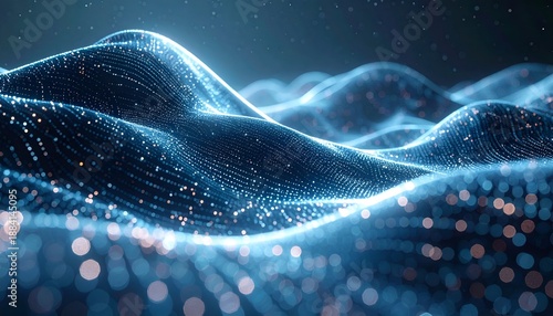 Abstract digital waves made of glowing particles in cool blue hues