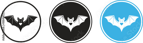 Cute Bat Icon Vector Set in Circular Badges with Heart Symbol for Halloween, Stickers, Logos, and Graphic Designs