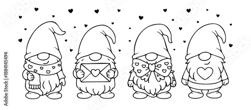 Cute Valentine gnomes in line art style with hearts, bows, scarves, and a love lette. Black and white hand draw set vector illustration 