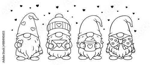 Cute Valentine gnomes line art illustration featuring four adorable characters with hearts, letter, coffee cup, and bow tie in clean black outline. Perfect for coloring books, kids crafts