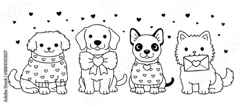 Cute Valentine dogs line art illustration featuring four adorable puppies with heart sweaters, bow tie, and love letter in clean black outline. Perfect for coloring pages, kids crafts