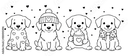Cute puppy set with hearts, winter hat, hot cocoa, and bow tie in playful line art style. Black and white valentine dog love set vector illustration
