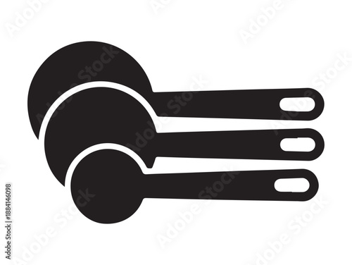 A black silhouette icon of a set of three different-sized measuring spoons.
