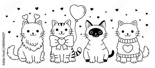 Cute cartoon kittens with bow ties, sweaters, and balloons in romantic outline style. Black and white set vector illustration

