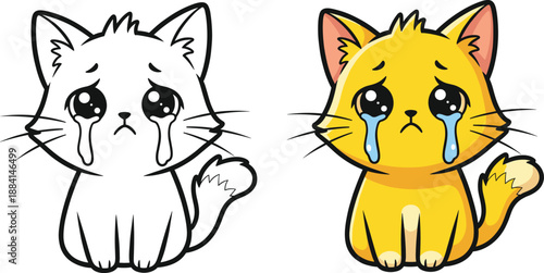 Cute Crying Cat Cartoon Vector Illustration Set with Sad Expression and Tears for Emojis, Stickers, and Kids Designs