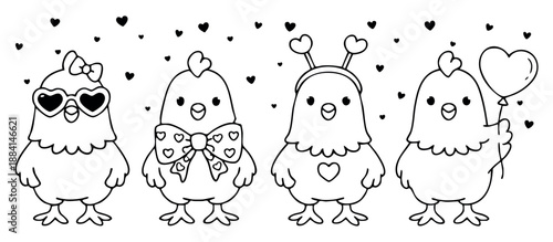 Cute collection of four chickens in Valentine outfits with heart glasses, bows, and balloons. Black and white chik set vector illustration in line art style
