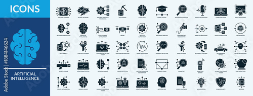 Artificial intelligence - Icon Collection. Thin Glyph Solid Set contains such Icons as neural network, pattern recognition, speech recognition, and more. Simple web icons set