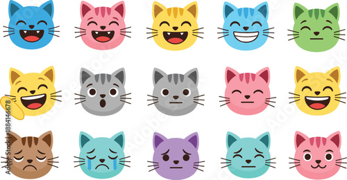 Cute Colorful Cat Face Emoji Vector Set with Multiple Emotions and Expressions for Stickers, Apps, and Kids Designs