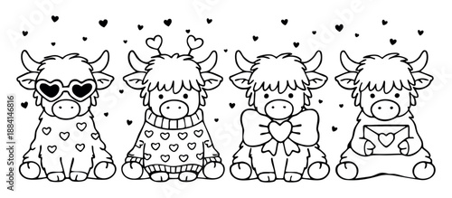 Cute collection of four highland cows dressed with hearts, bows, scarves, and cozy mugs. Black and white set vector illustration in line art style