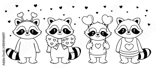 Cute Valentine raccoon line art illustration featuring four adorable raccoons with heart antenna headband, bow tie, balloons, and love shirt in clean black outline. Perfect for coloring pages, kids cr