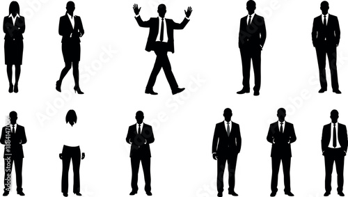 Professional Business People Silhouettes Set Featuring Corporate Men and Women in Formal Suits for Leadership Teamwork and Office Career Concepts