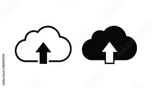 Cloud upload icons with arrows pointing up in black and white colors