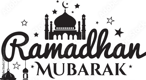 Ramadan Mubarak Greeting Typography with Mosque Silhouette and Glowing Lanterns on White Background