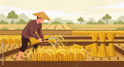 Golden Rice Harvest: Farmers in Conical Hats Cutting Rice at Sunrise