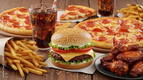 A large spread of classic fast food items including pizza, burger, fries, wings, and soda