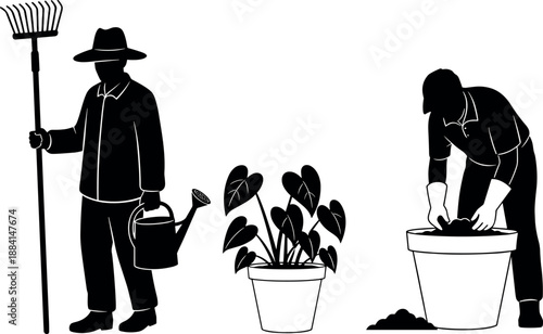 Professional gardeners and landscapers working with plants using rake watering can and potting soil for home garden maintenance and horticulture.