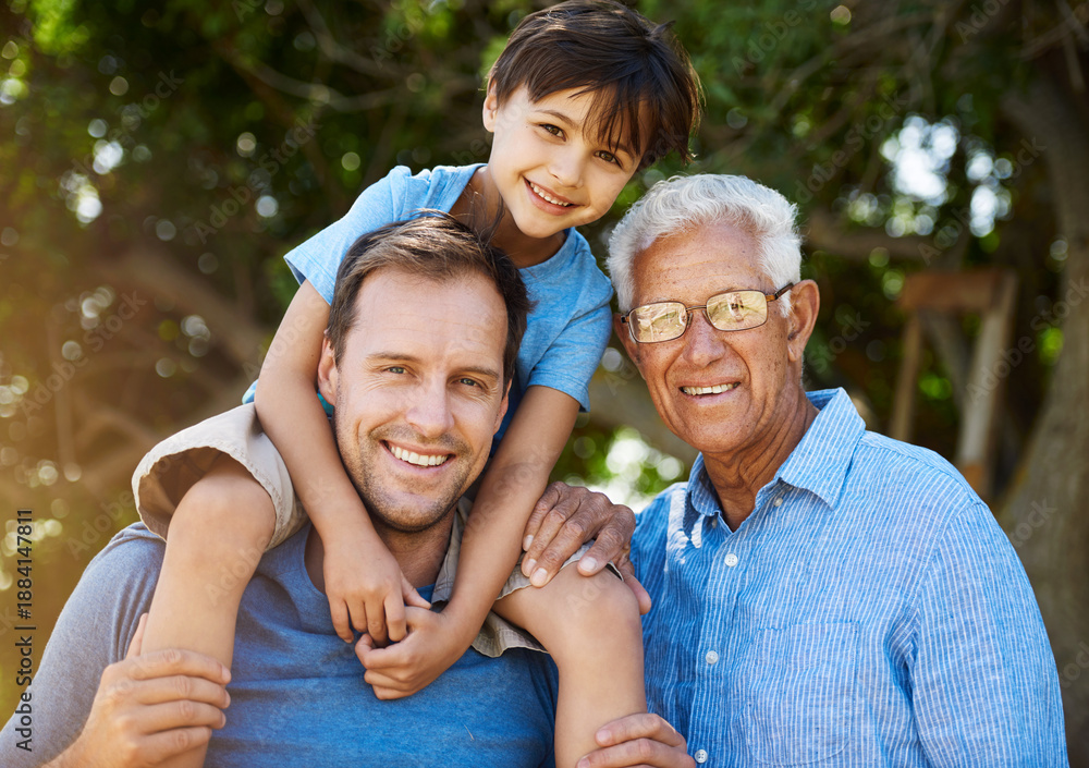 Fototapeta premium Nature, grandfather and portrait of father with child in park for outdoor vacation or holiday together. Smile, elderly dad and grandchild for bonding, shoulder carry and excited in the countryside