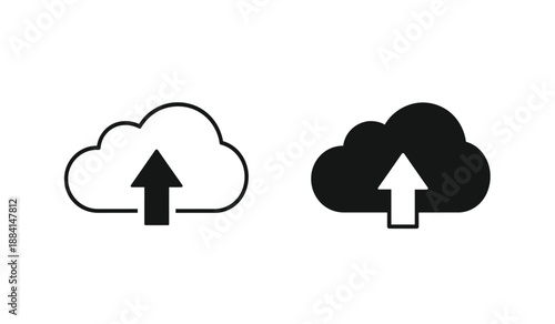 Black and white cloud icons with arrows pointing upwards in simple style for upload concepts