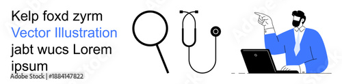 Remote healthcare, digital communication, diagnostics, research, education, telemedicine. Magnifying glass, stethoscope professional character pointing at a laptop. Digital communication and remote