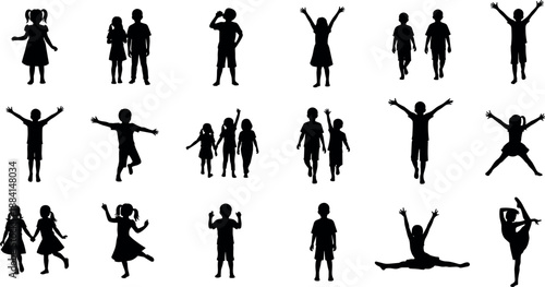 Set of children silhouettes in various poses including jumping dancing playing and standing together for childhood activity and youth concepts