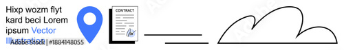 Business services, cloud technology, digital agreements, location identification, remote data access, connectivity. A location pin, a signed contract and a cloud symbol connected. Business services