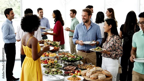 Party buffet with guests mingling.