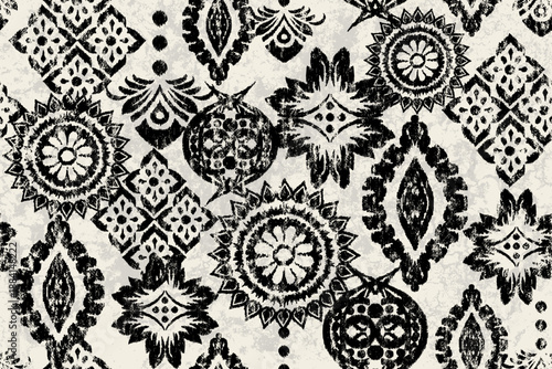 Ethnic abstract ikat fabric artwork with seamless patterns, combining tribal, indigenous and Mexican embroidery with Aztec geometric motifs. Ideal for rugs, wallpapers, throws, fabrics and clothing.