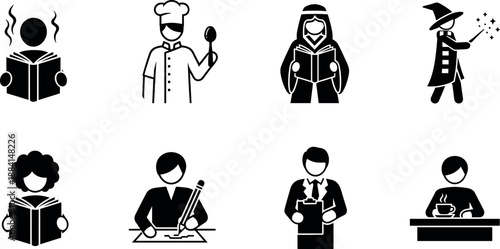 Set of Minimalist Vector Icons Representing People in Various Roles Including Chef, Wizard, Student, Writer, Professional, and Coffee Drinker