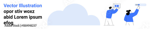 Blue and white scene of two individuals exploring data and technology, featuring a cloud icon. Ideal for collaboration, innovation, technology, teamwork, data management, education, simple landing