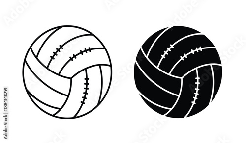 Black and white volleyball icons with line art style and solid background