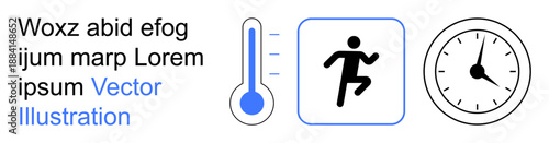 Health tracking, fitness metrics, weight loss, time management, physical activity, personal goals. A thermometer, running figure and clock icon. Health tracking and fitness metrics visualization