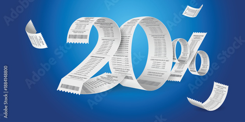 20 Percent Discount Made of Paper Receipt with 3D Typography on Blue Background.20% discount on purchases. Sales promotion.