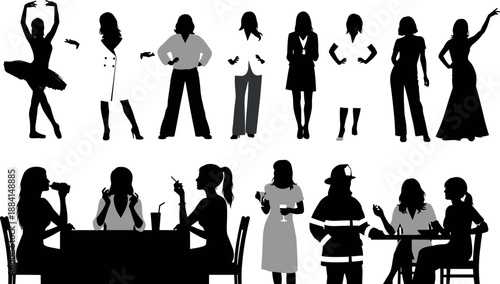 Set of silhouettes representing diverse women in professional careers, creative arts, office work, firefighting, and social dining activities for lifestyle.