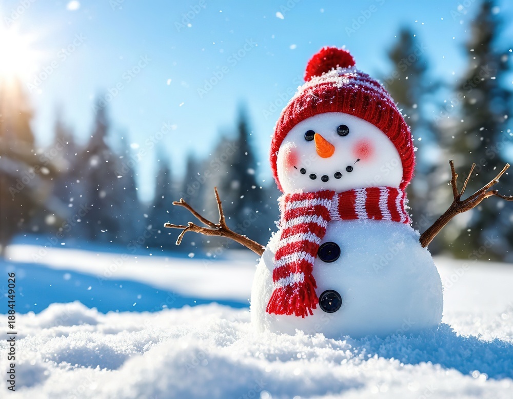 Fototapeta premium snowman standing on a sunny winter day. Winter Christmas New Year card