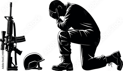 Silhouette of a grieving soldier kneeling in despair next to a rifle and helmet memorial for fallen comrades and veterans
