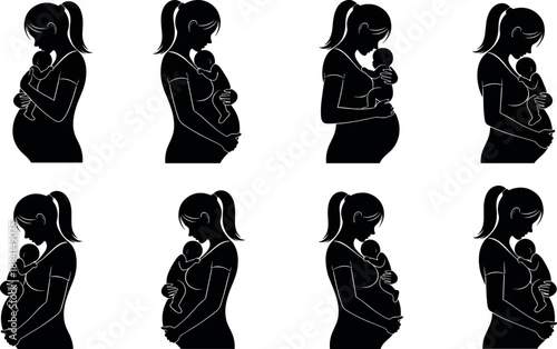 Silhouette Illustration of a Pregnant Woman Holding a Newborn Baby Representing Motherhood Maternity Care New Beginnings and Strong Family Bonds