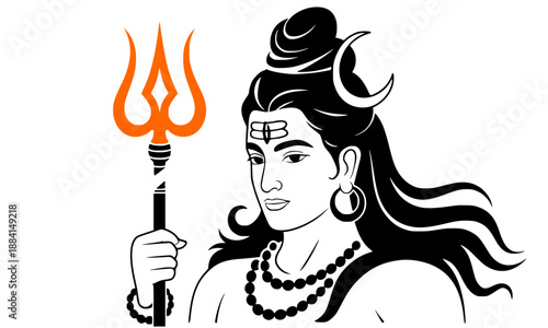 Lord Shiva vector illustration with Trishul, Hindu god Mahadev black and white line art with orange trident, spiritual yoga meditation poster design
