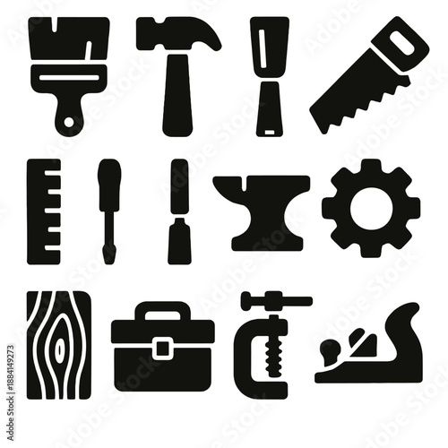 Bold Craftsmanship Icons. Craftsmanship icon set in silhouette bold style. Contain paintbrush, hammer, chisel, saw, ruler, screwdriver, anvil, gear, wood plank, toolbox, clamp, plane