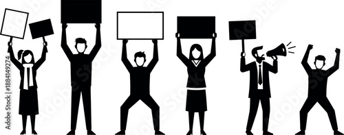 Silhouette of diverse protesters holding blank signs and megaphone in a peaceful demonstration or strike for social justice and rights.